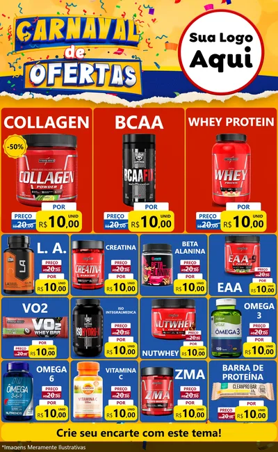 Modelo de Encarte para Encarte Grande com o tema Carnaval de Ofertas para Suplementos alimentares