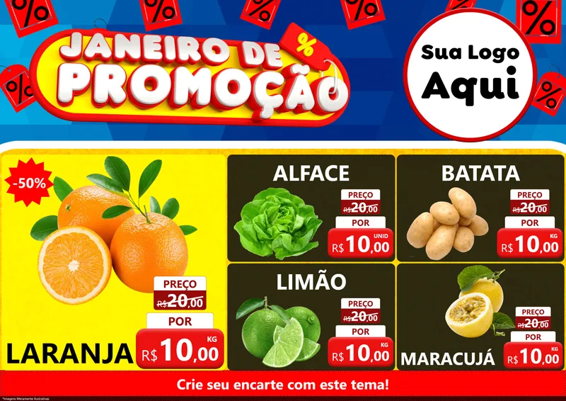 Modelo de Encarte para Encarte A4 Horizontal com o tema Janeiro de Promoção para Hortifrúti
