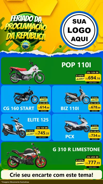 Modelo de TV para TV Vertical com o tema Feriado da Proclamação da República para Concessionaria de Motos