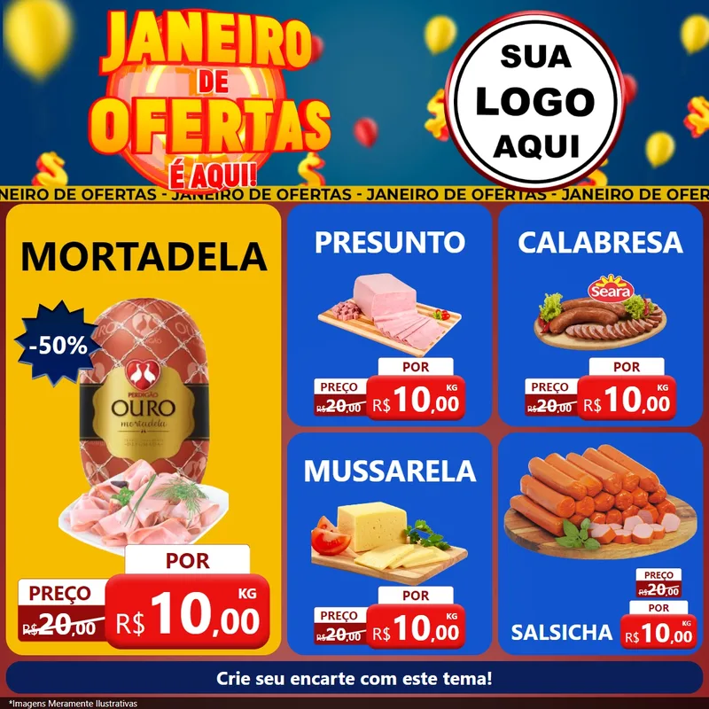 Modelo de Rede Social para Feed Facebook com o tema Janeiro de Ofertas É Aqui! para Frios e Laticínios