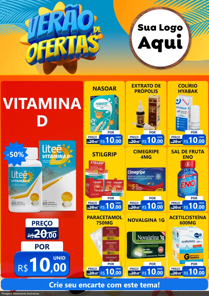 Modelo de Encarte para Encarte A4 Vertical com o tema Verão de Ofertas para Farmácia
