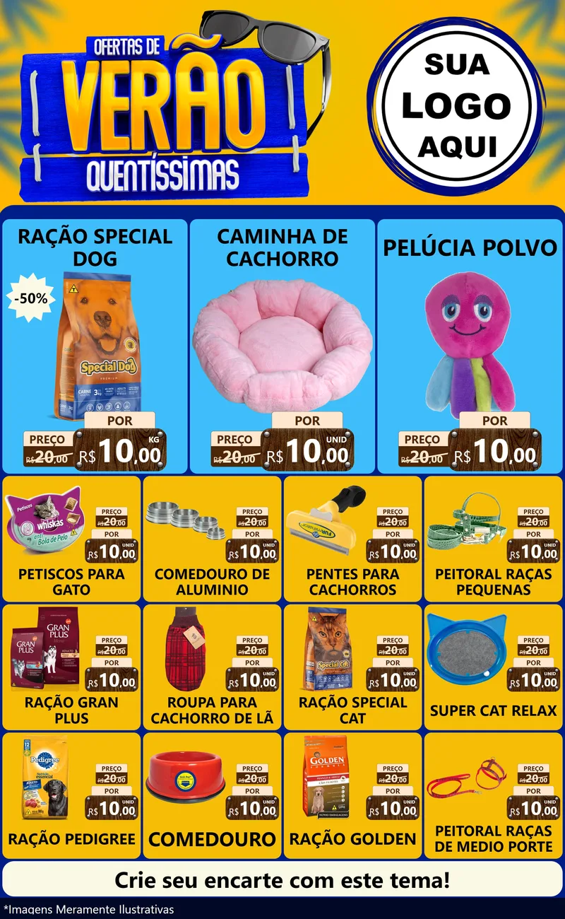 Modelo de Encarte para Encarte Grande com o tema Ofertas de Verão Quentíssimas para Pet Shop