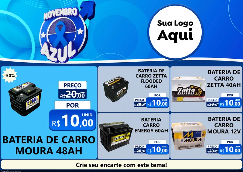 Modelo de Encarte para Encarte A4 Horizontal com o tema Novembro Azul para Baterias Elétricas