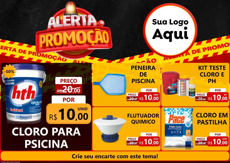 Modelo de Encarte para Encarte A4 Horizontal com o tema Alerta de Promoção para Produtos para Piscina
