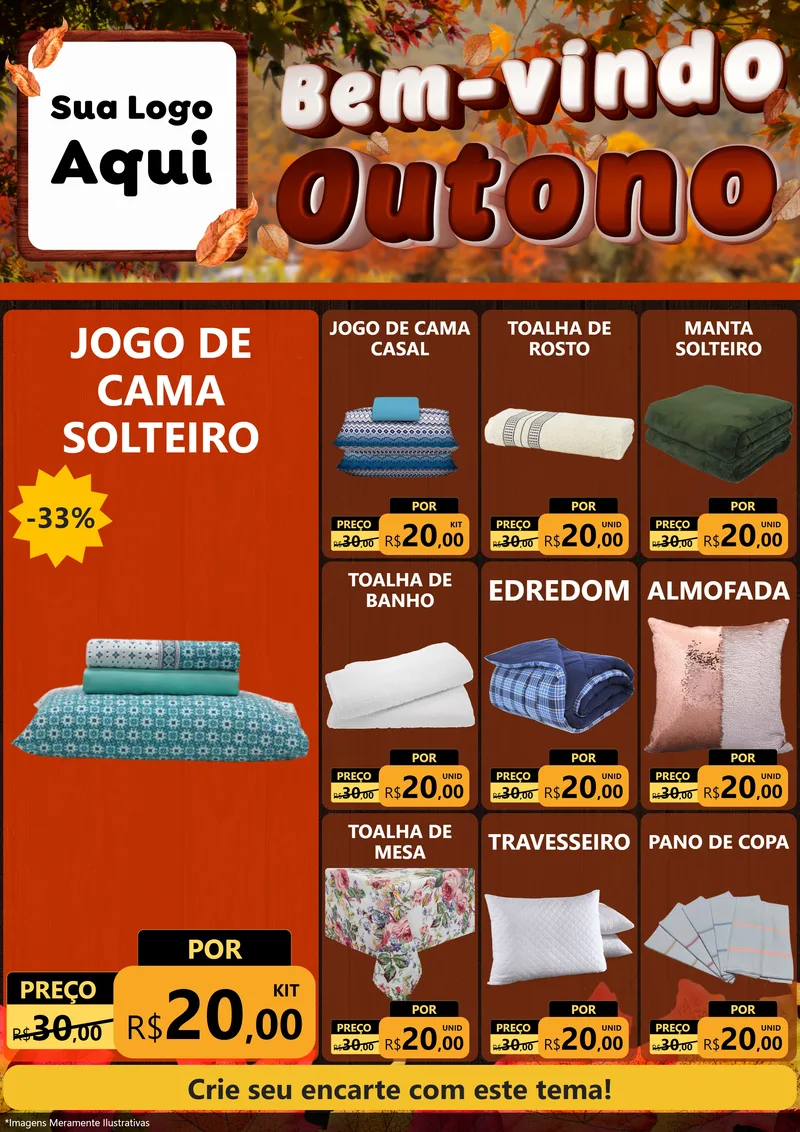 Modelo de Encarte para Encarte A4 Vertical com o tema Bem-vindo Outono para Cama, Mesa e Banho