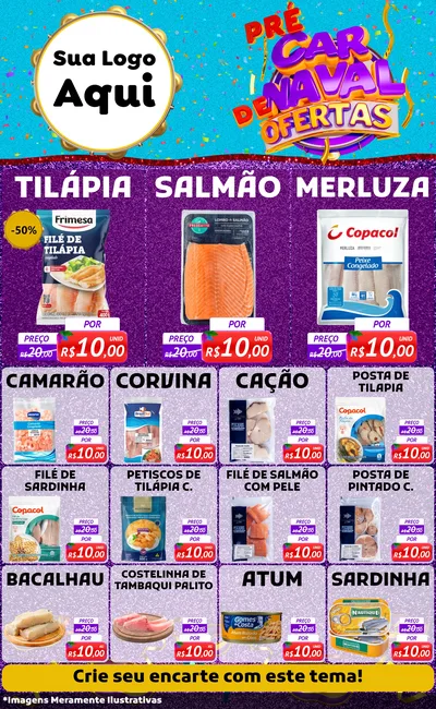 Modelo de Encarte para Encarte Grande com o tema Pré Carnaval de Ofertas para Peixaria