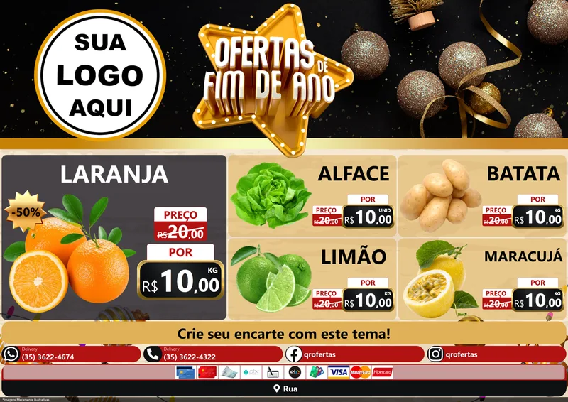 Modelo de Encarte para Encarte A4 Horizontal com o tema Ofertas de Fim de Ano para Hortifrúti