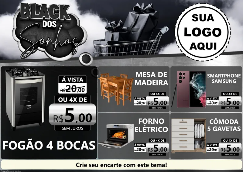 Modelo de Encarte para Encarte A4 Horizontal com o tema Black dos Sonhos para Móveis e Eletro