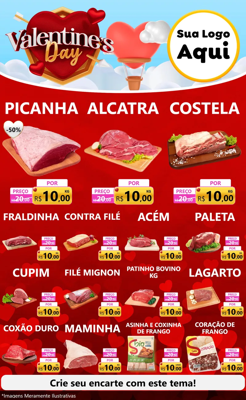 Modelo de Encarte para Encarte Grande com o tema Valentine's Day para Açougue