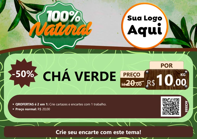 Modelo de Cartaz para Cartaz A4 Horizontal com o tema 100% Natural para Produtos Naturais