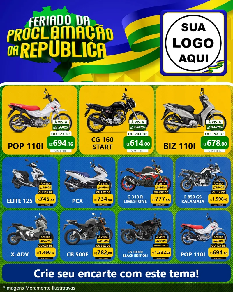 Modelo de Rede Social para Feed Instagram com o tema Feriado da Proclamação da República para Concessionaria de Motos