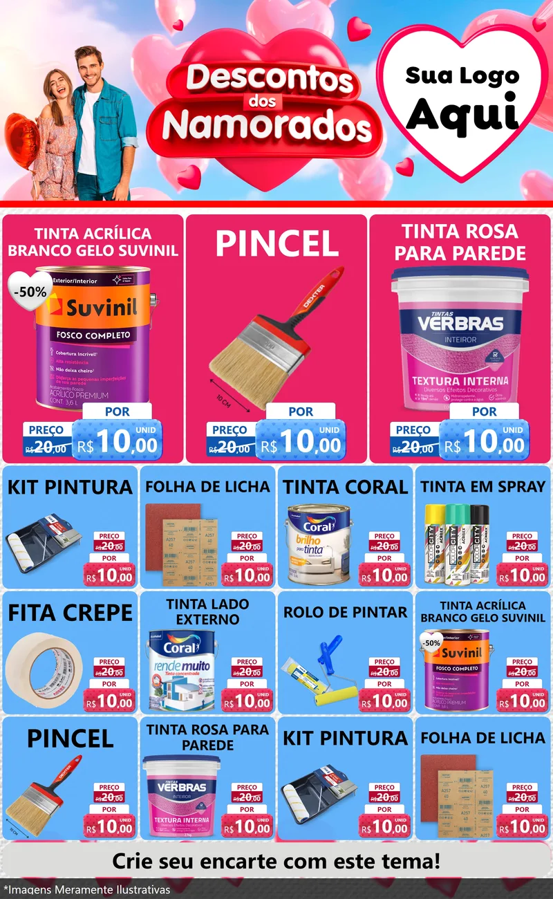 Modelo de Encarte para Encarte Grande com o tema Descontos dos Namorados para Tintas e Ferramentas