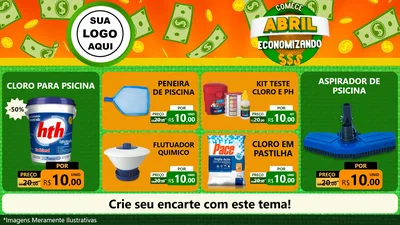 Modelo de TV para TV Horizontal com o tema Comece Abril Economizando para Produtos para Piscina