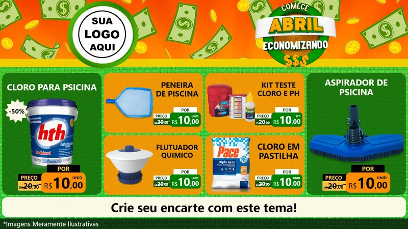 Modelo de TV para TV Horizontal com o tema Comece Abril Economizando para Produtos para Piscina