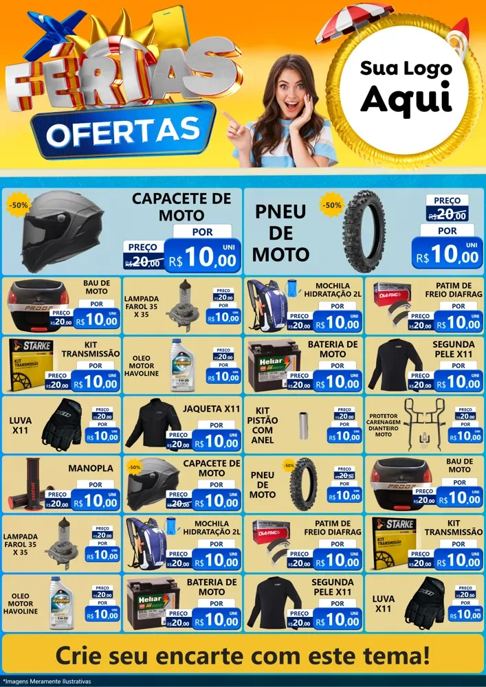 Modelo de Encarte para Encarte A4 Vertical com o tema Ofertas - Férias para Moto peças