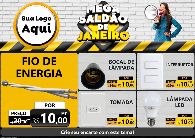 Modelo de Encarte para Encarte A4 Horizontal com o tema Mega Saldão de Janeiro para Materiais Elétricos