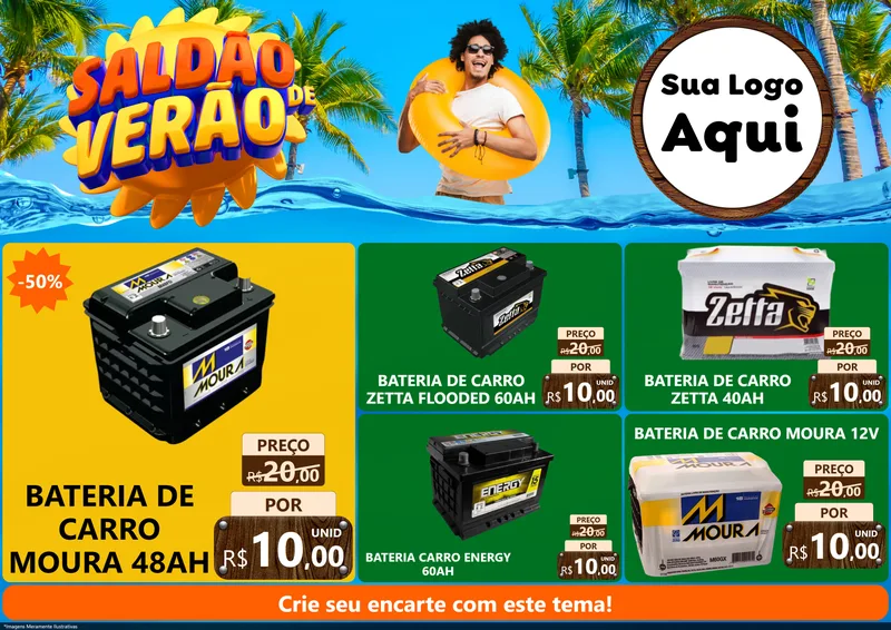 Modelo de Encarte para Encarte A4 Horizontal com o tema Saldão de Verão para Baterias Elétricas