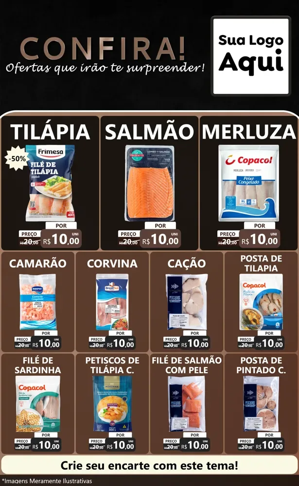 Modelo de Encarte para Encarte Grande com o tema Confira! Ofertas que irão te surpreender! para Peixaria