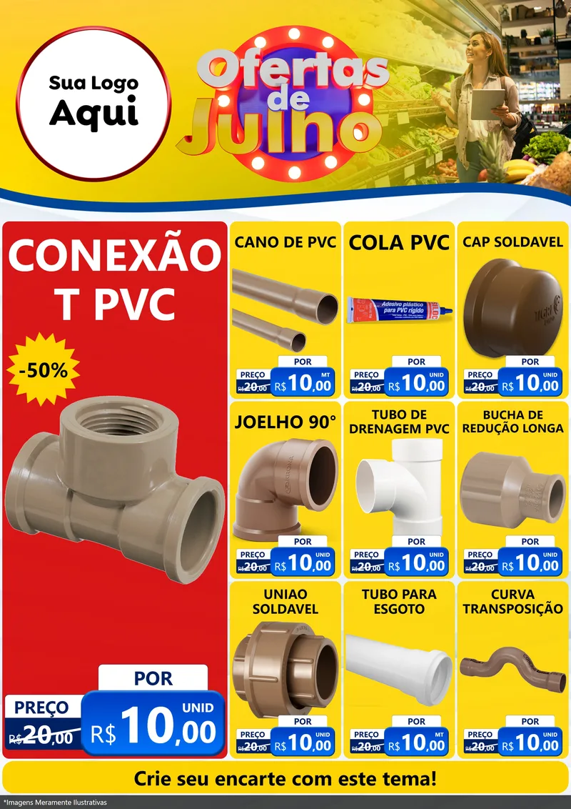 Modelo de Encarte para Encarte A4 Vertical com o tema Ofertas de Julho para Tubos e conexões