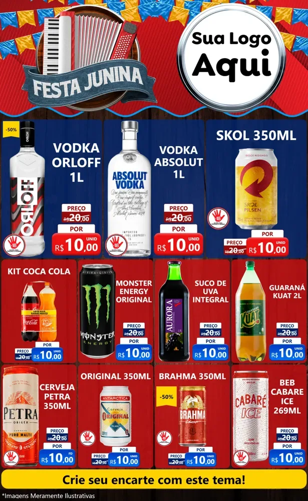 Modelo de Encarte para Encarte Grande com o tema Festa Junina para Distribuidora de bebidas