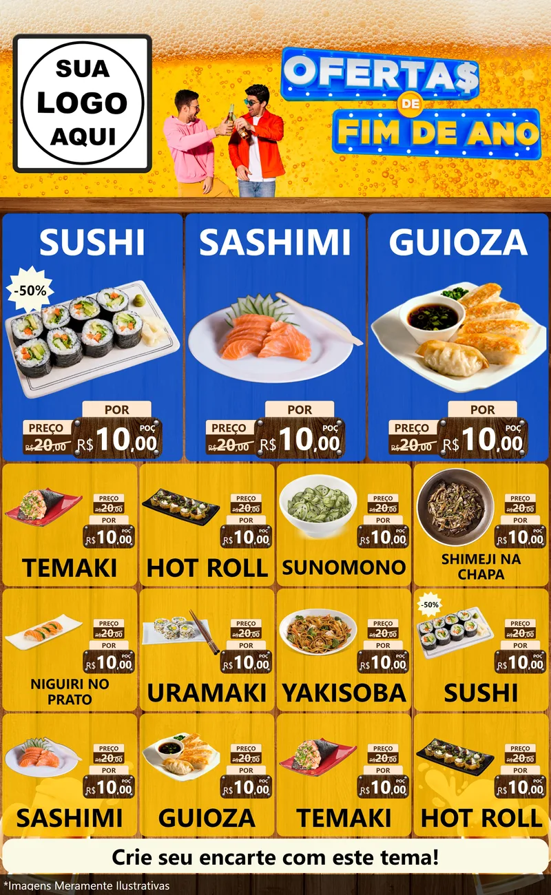 Modelo de Encarte para Encarte Grande com o tema Ofertas de Fim de Ano para Comida japonesa
