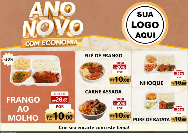 Modelo de Encarte para Encarte A4 Horizontal com o tema Ano Novo Com Economia para Restaurante