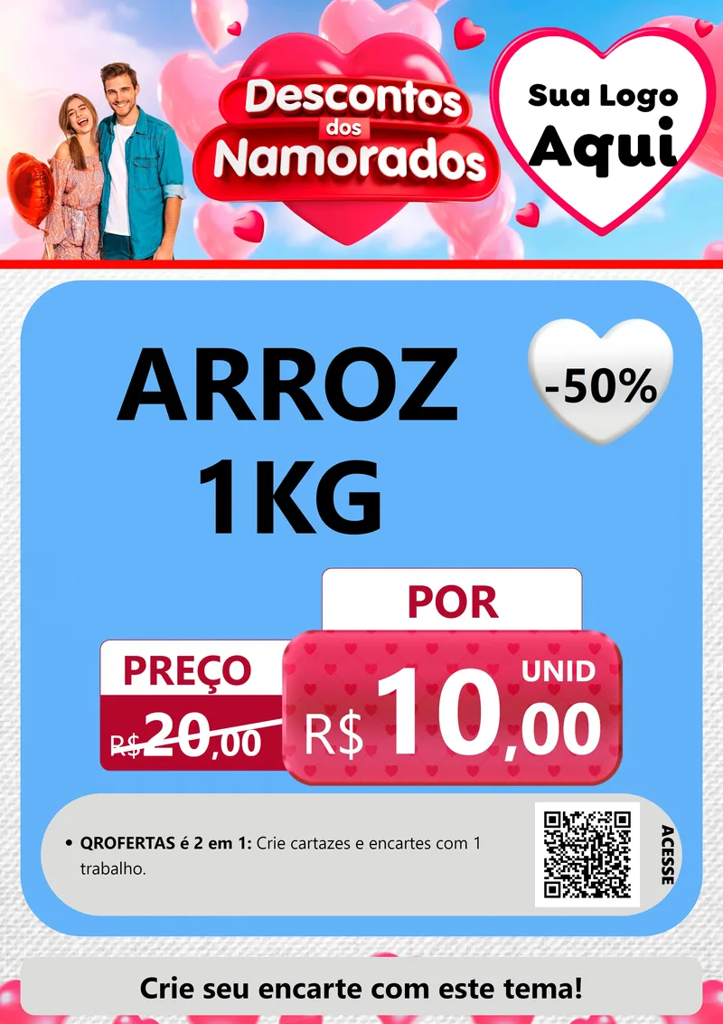 Modelo de Cartaz para Cartaz A4 Vertical com o tema Descontos dos Namorados para Supermercado