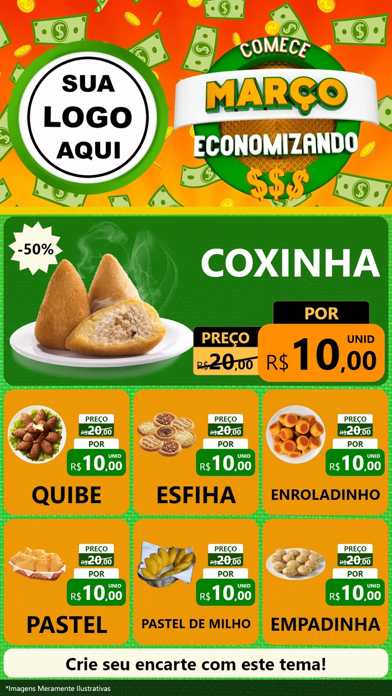 Modelo de Rede Social para Stories com o tema Comece Março Economizando para Salgadaria