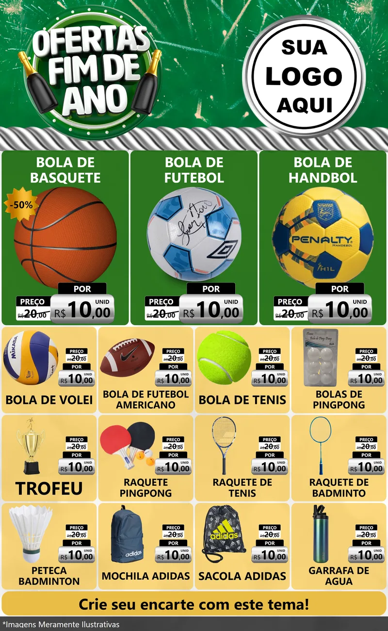 Modelo de Encarte para Encarte Grande com o tema Ofertas Fim de Ano para Artigos Esportivos