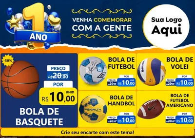 Modelo de Encarte para Encarte A4 Horizontal com o tema Um Ano de Aniversário para Artigos Esportivos