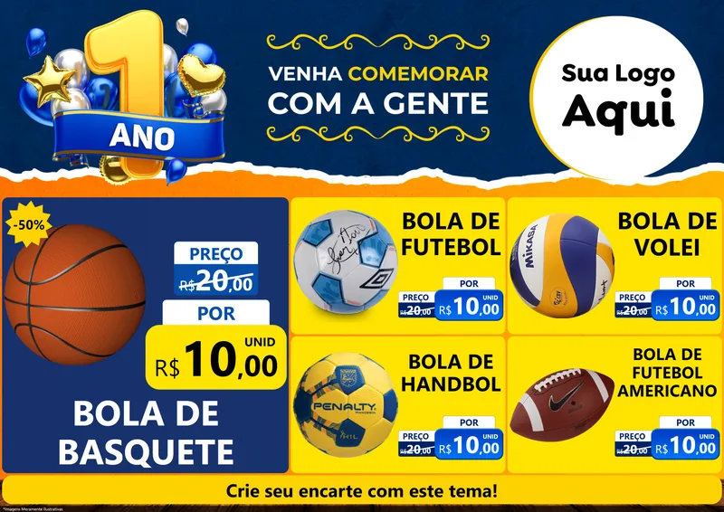 Modelo de Encarte para Encarte A4 Horizontal com o tema Um Ano de Aniversário para Artigos Esportivos