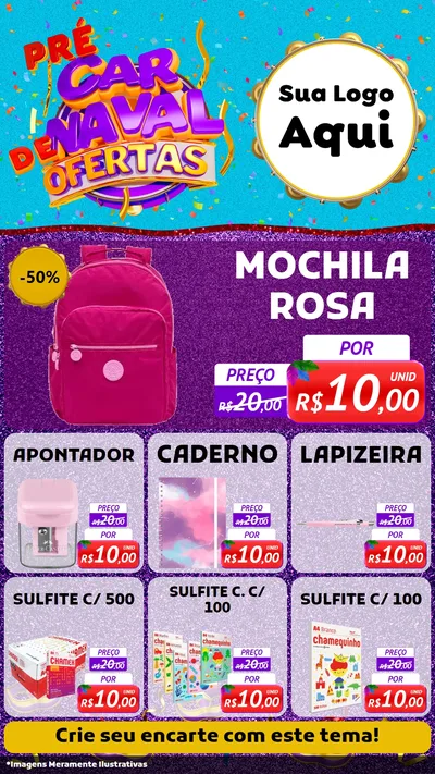 Modelo de Rede Social para Stories com o tema Pré Carnaval de Ofertas para Papelaria