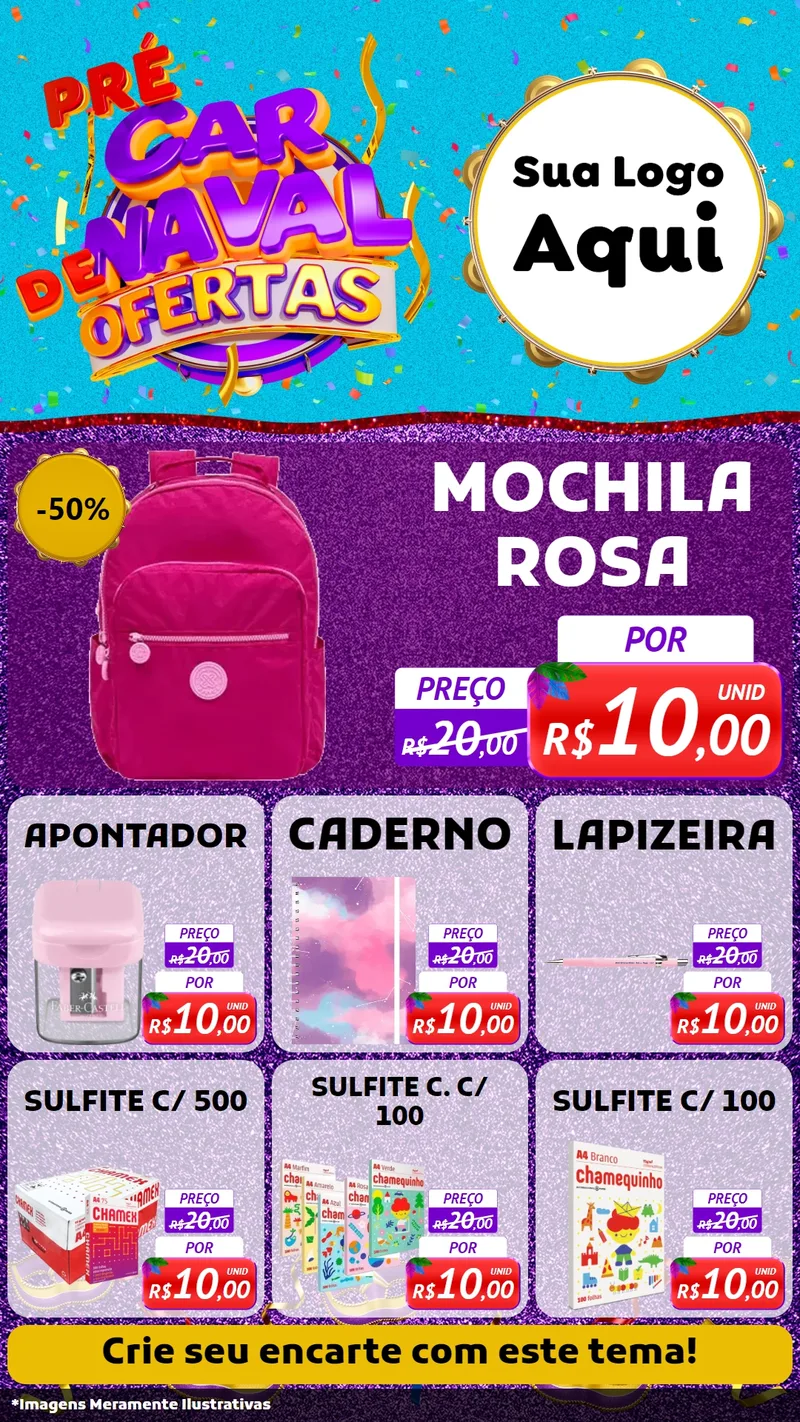 Modelo de Rede Social para Stories com o tema Pré Carnaval de Ofertas para Papelaria