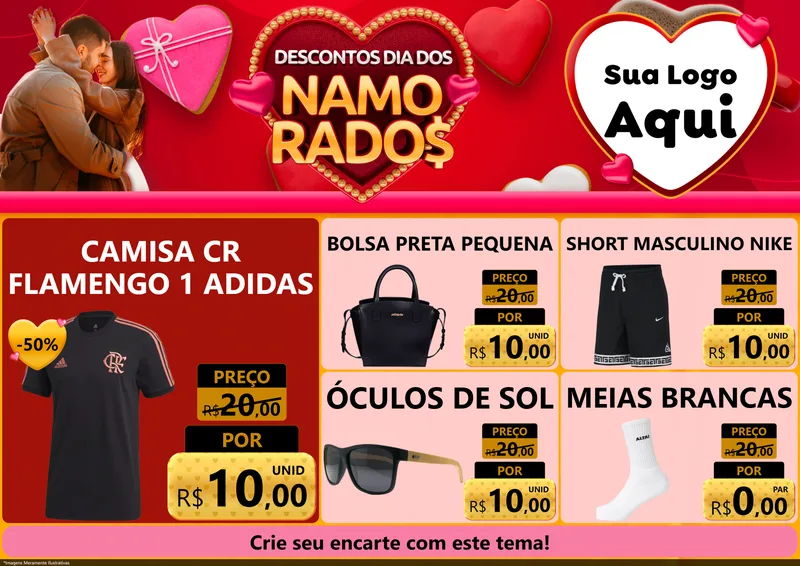 Modelo de Encarte para Encarte A4 Horizontal com o tema Descontos Dia dos Namorados para Roupas e acessórios