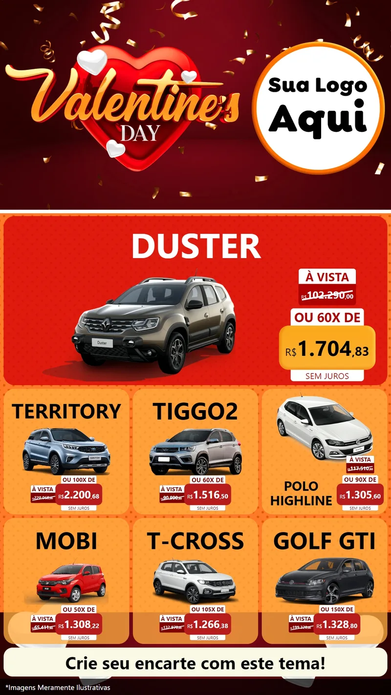 Modelo de Rede Social para Stories com o tema Valentine's Day para Concessionaria de Carros