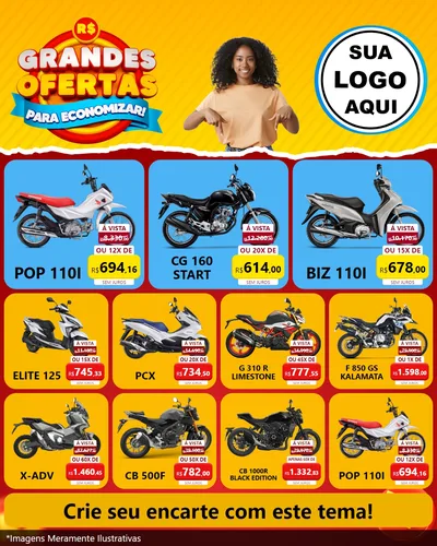 Modelo de Rede Social para Feed Instagram com o tema Grandes Ofertas Para Economizar! para Concessionaria de Motos
