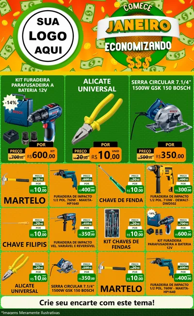 Modelo de Encarte para Encarte Grande com o tema Comece Janeiro Economizando para Maquinas e Ferramentas