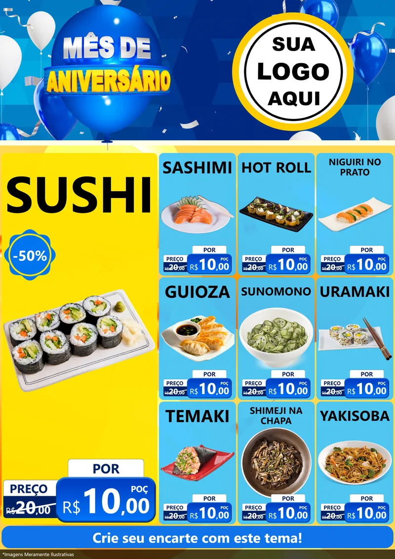 Modelo de Encarte para Encarte A4 Vertical com o tema Mês de Aniversário para Comida japonesa