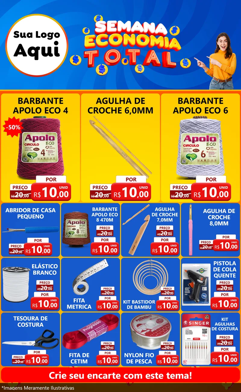 Modelo de Encarte para Encarte Grande com o tema Semana Economia Total para Armarinho e Aviamentos