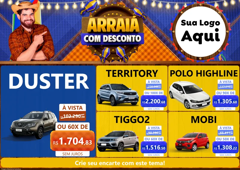 Modelo de Encarte para Encarte A4 Horizontal com o tema Arraiá Com Desconto para Concessionaria de Carros