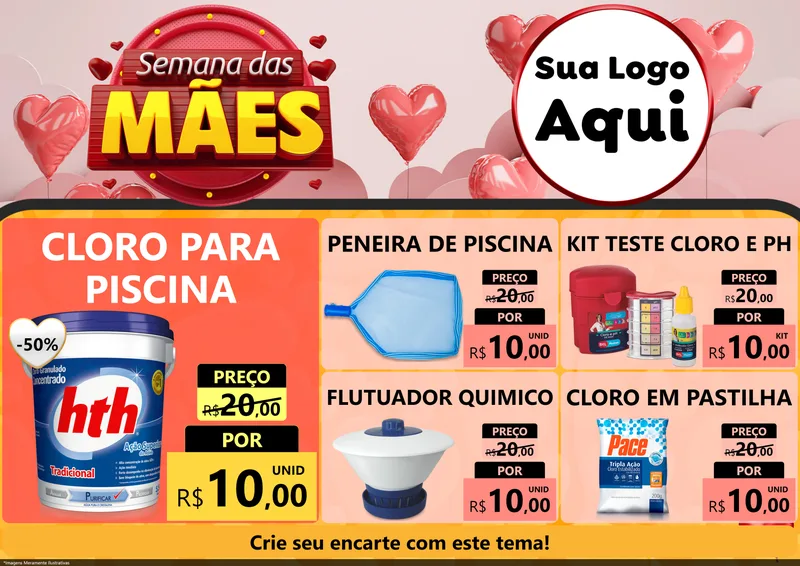 Modelo de Encarte para Encarte A4 Horizontal com o tema Semana das Mães para Produtos para Piscina