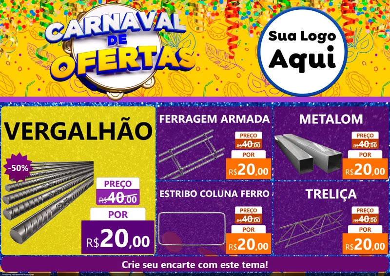 Modelo de Encarte para Encarte A4 Horizontal com o tema Carnaval de Ofertas para Ferragens