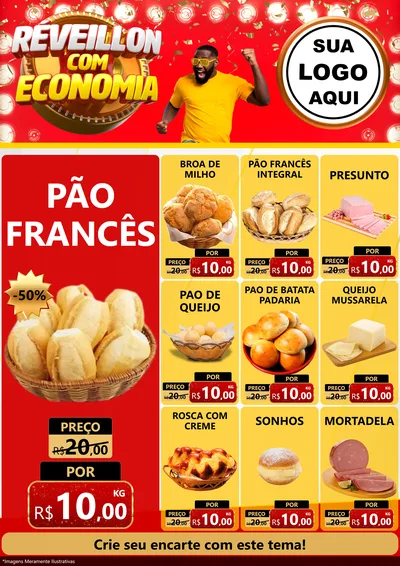 Modelo de Encarte para Encarte A4 Vertical com o tema Réveillon com Economia para Padaria