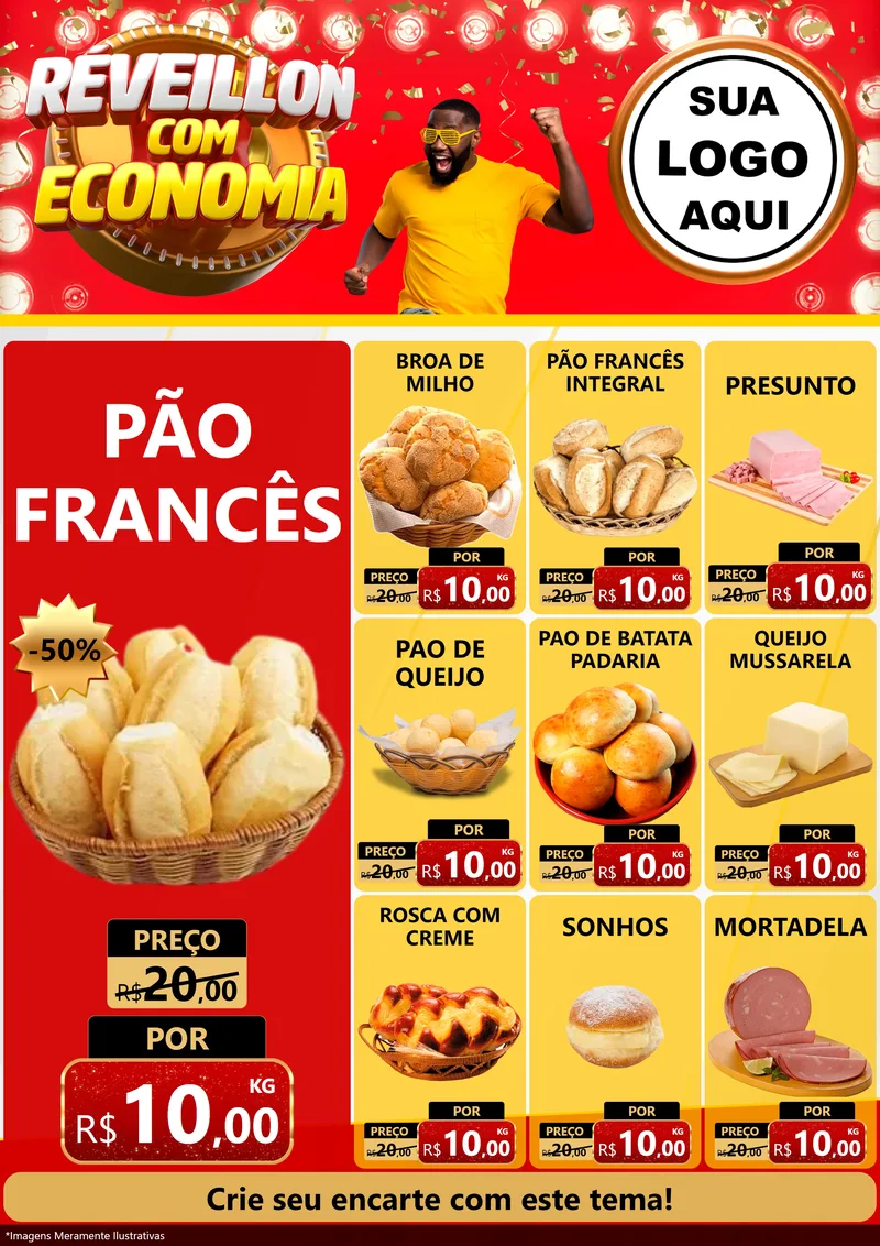 Modelo de Encarte para Encarte A4 Vertical com o tema Réveillon com Economia para Padaria