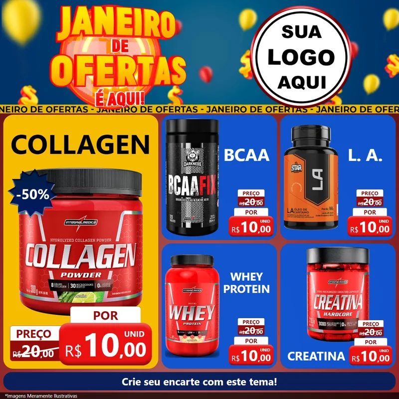 Modelo de Rede Social para Feed Facebook com o tema Janeiro de Ofertas É Aqui! para Suplementos alimentares