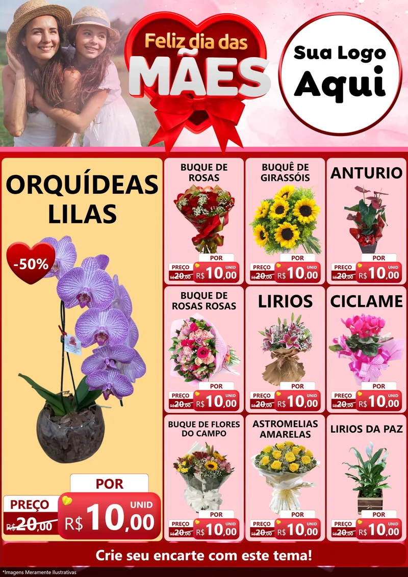 Modelo de Encarte para Encarte A4 Vertical com o tema Feliz Dia Das Mães para Floricultura e jardim