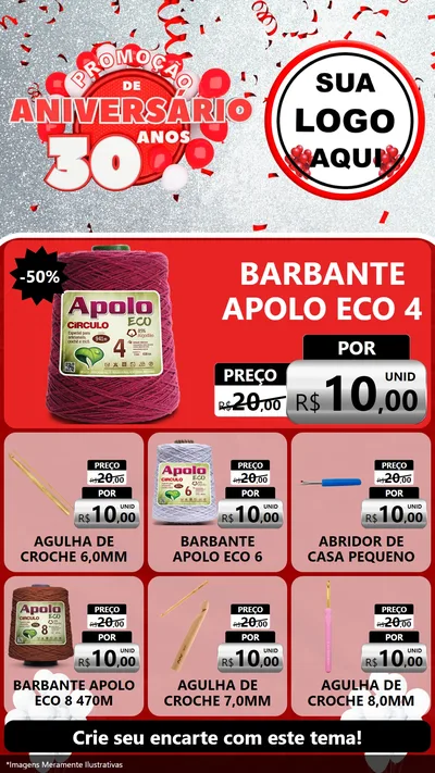 Modelo de Rede Social para Stories com o tema Promoção de Aniversário - 30 Anos para Armarinho e Aviamentos