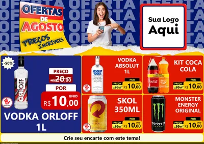 Modelo de Encarte para Encarte A4 Horizontal com o tema Ofertas de Agosto - Preços Incríveis para Distribuidora de bebidas