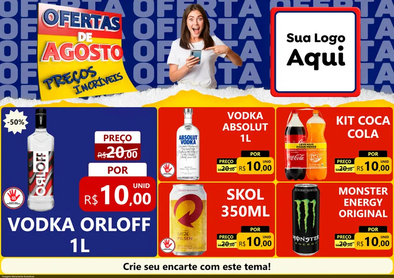 Modelo de Encarte para Encarte A4 Horizontal com o tema Ofertas de Agosto - Preços Incríveis para Distribuidora de bebidas