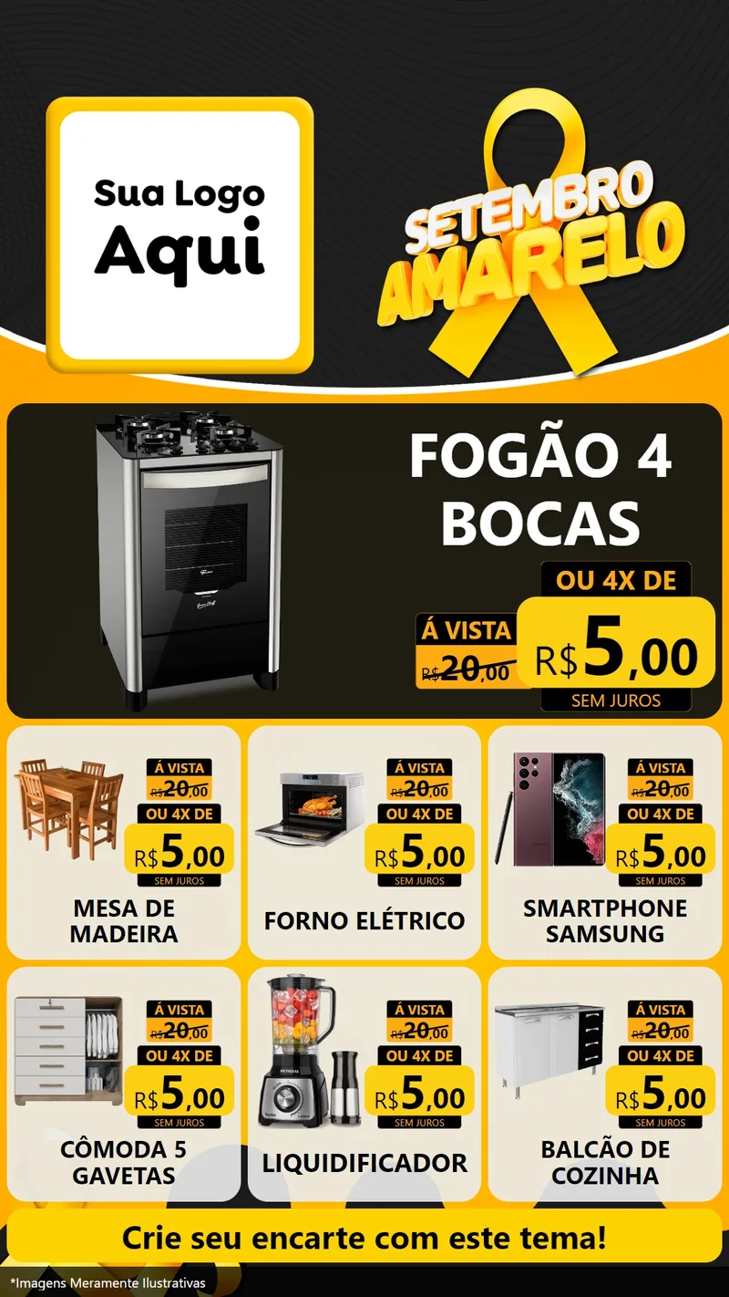 Modelo de Rede Social para Stories com o tema Setembro Amarelo para Móveis e Eletro